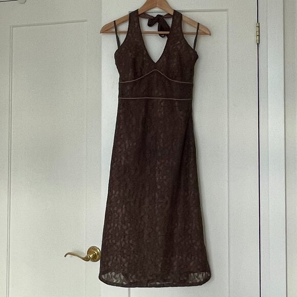Vintage Brown Lace Halter Top Midi  Dress - Picture 3 of 9